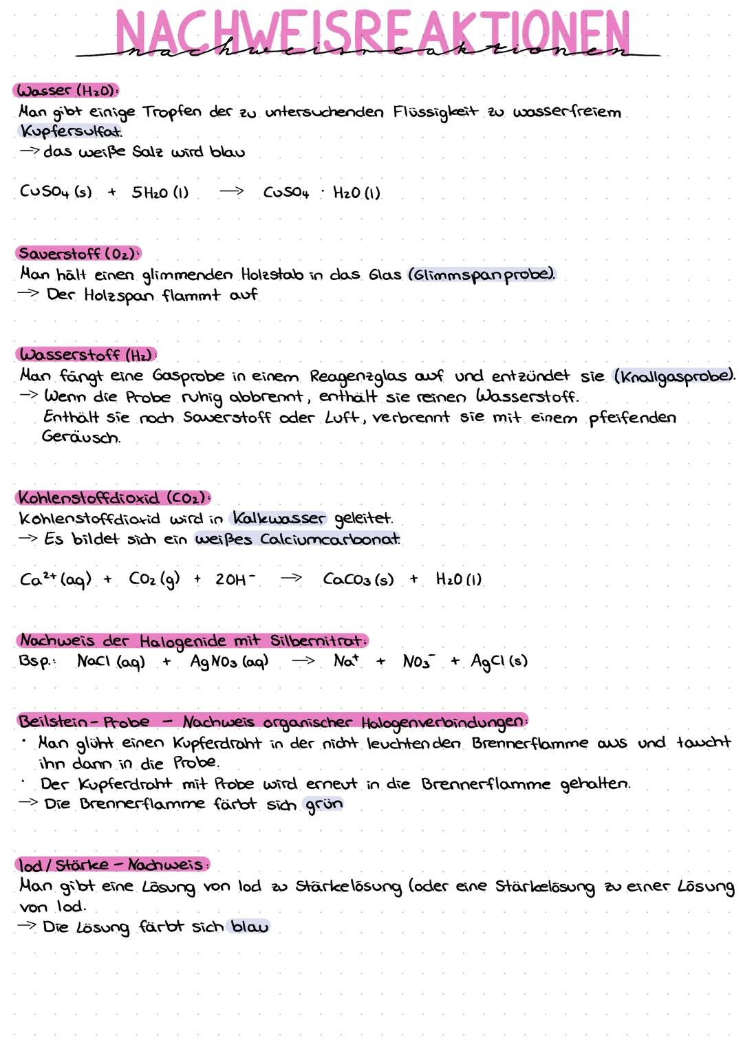 # NACHWEISREAKTIONEN

Wasser (H20):
Man gibt einige Tropfen der zu untersuchenden Flüssigkeit zu wasserfreiem
Kupfersulfat.
→das weiße Salz 