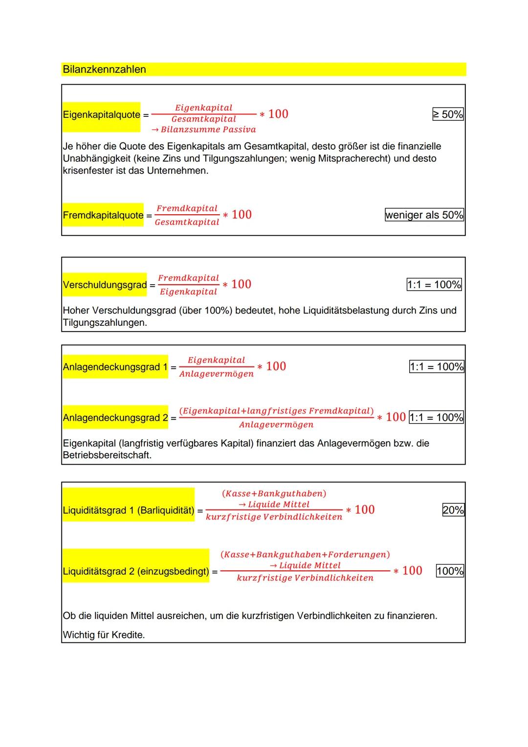 Bilanzkennzahlen

Eigenkapitalquote =
$\\frac{Eigenkapital}{Gesamtkapital}$ * 100
→ Bilanzsumme Passiva

≥ 50%

Je höher die Quote des Eigen