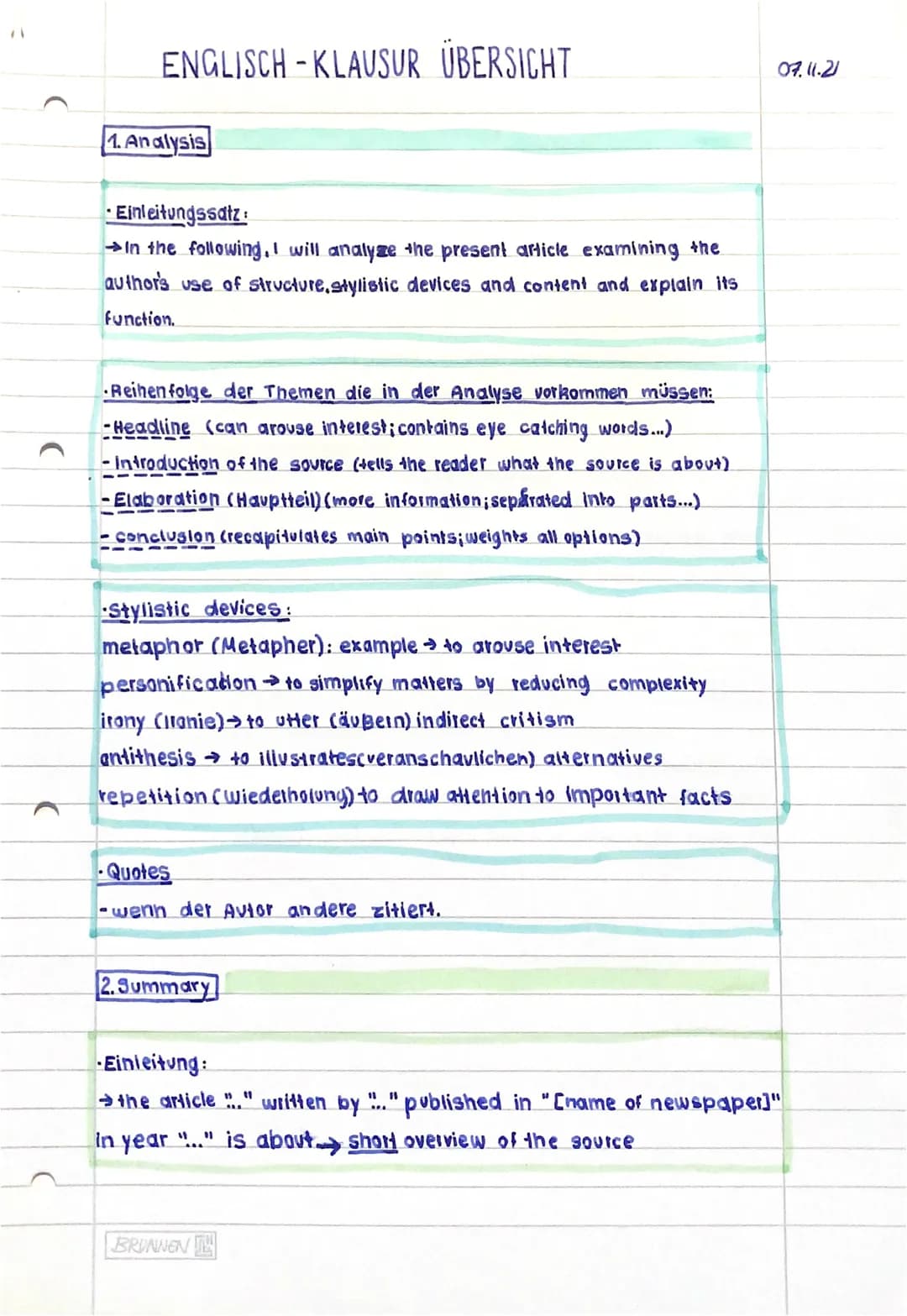ENGLISCH-KLAUSUR UBERSICHT
1. Analysis
Einleitungssatz:
→In the following, I will analyze the present article examining the
author's use of 