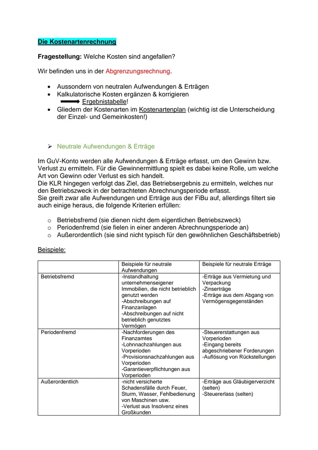 LF4 - KLR / 1. Arbeit / 2. AJ
Themenübersicht
●
Kostenartenrechnung
➤ Abgrenzungsrechnung (Aufwand - Kosten, Ertrag - Leistung,
Unternehmens