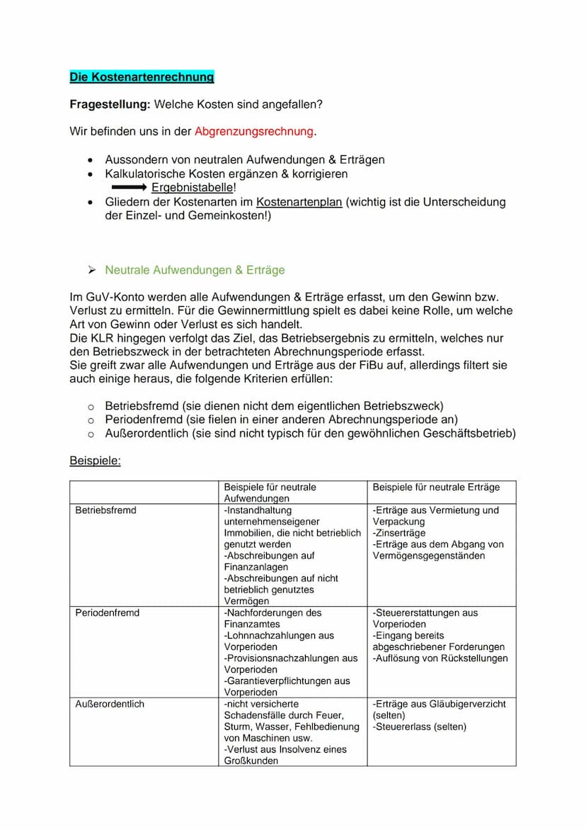 LF4 - KLR / 1. Arbeit / 2. AJ
Themenübersicht
●
Kostenartenrechnung
➤ Abgrenzungsrechnung (Aufwand - Kosten, Ertrag - Leistung,
Unternehmens