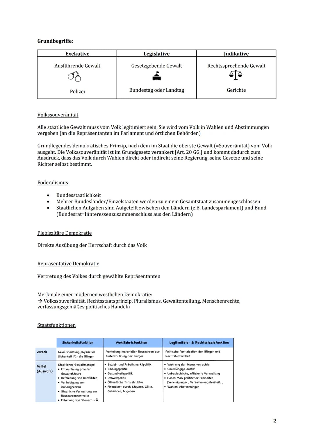 Grundbegriffe:
Exekutive
Volkssouveränität
Ausführende Gewalt
●
Föderalismus
Polizei
Alle staatliche Gewalt muss vom Volk legitimiert sein. 