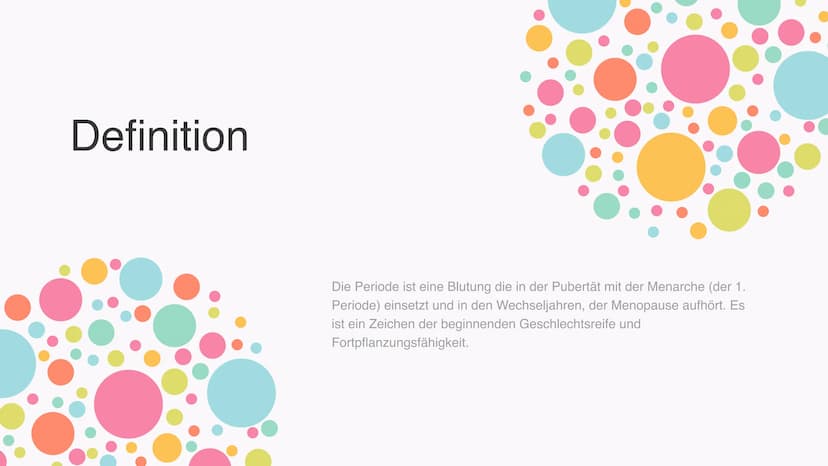 Definition:
Handout Periode
Die Periode ist eine Blutung die in der Pubertät mit der Menarche (= 1. Periode) einsetzt und in den
Menopause (