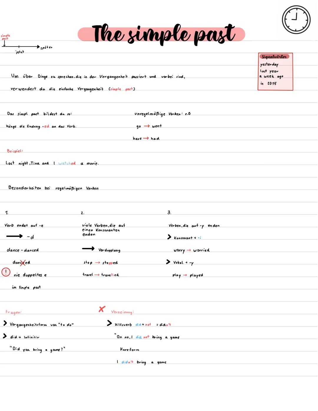 simple
past
jetzt
Das simpl past bildest du so:
Honge die Endung -ed an dow Verb.
Beispiel:
1.
Um über Dinge zu sprechen, die in der Vergang