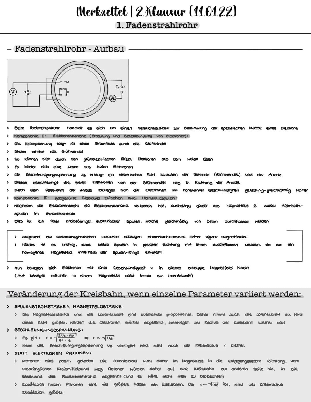 - Fadenstrahlrohr - Aufbau
>
Beim Fadenstrahlrohr handelt es sich um einen versuchsaufbau zur Bestimmung der spezifischen Masse eines Elektr