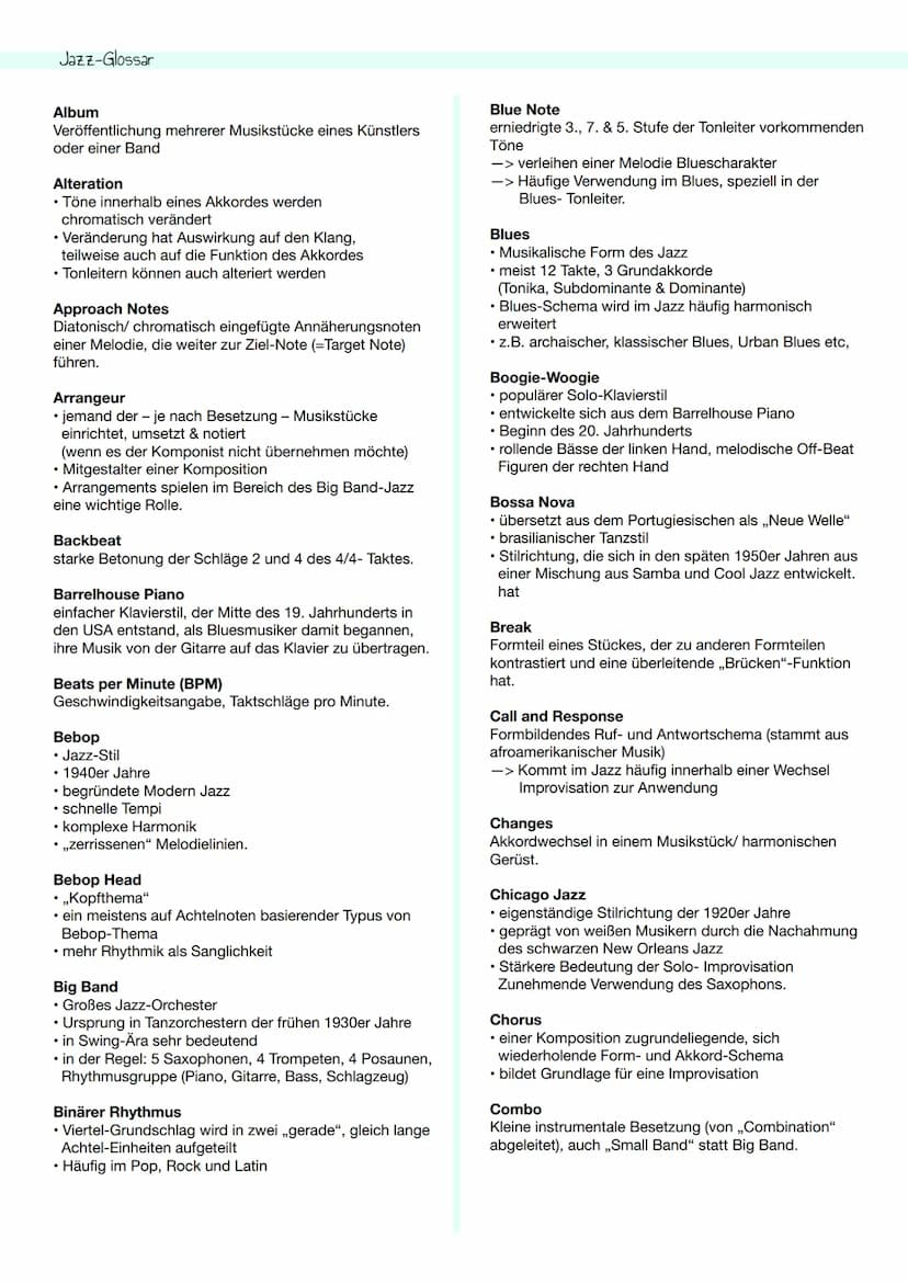 Kompetenzen
Die Schüler*innen:
kennen die sozialen und gesellschaftlichen Hintergründe des Jazz
können Zitate von Jazzmusiker*innen erläuter