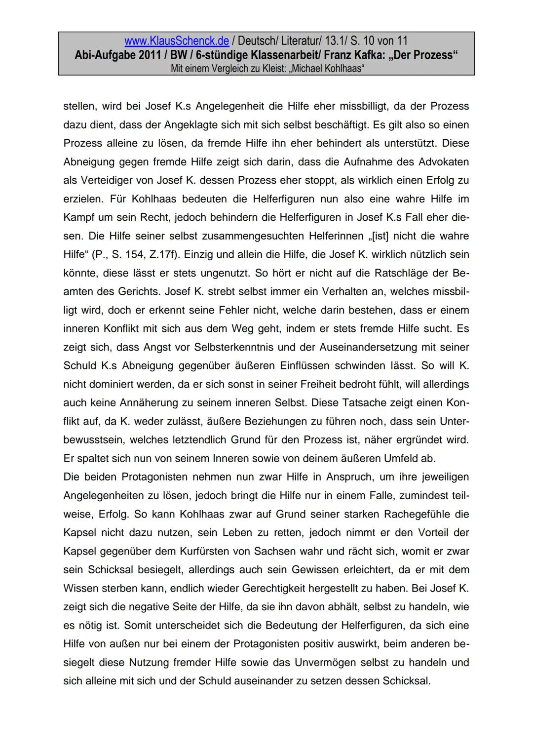 www.KlausSchenck.de / Deutsch/ Literatur/ 13.1/ S. 1 von 9
Abi-Aufgabe 2011 / BW / 6-stündige Klassenarbeit/ Franz Kafka: „Der Prozess"
Mit 