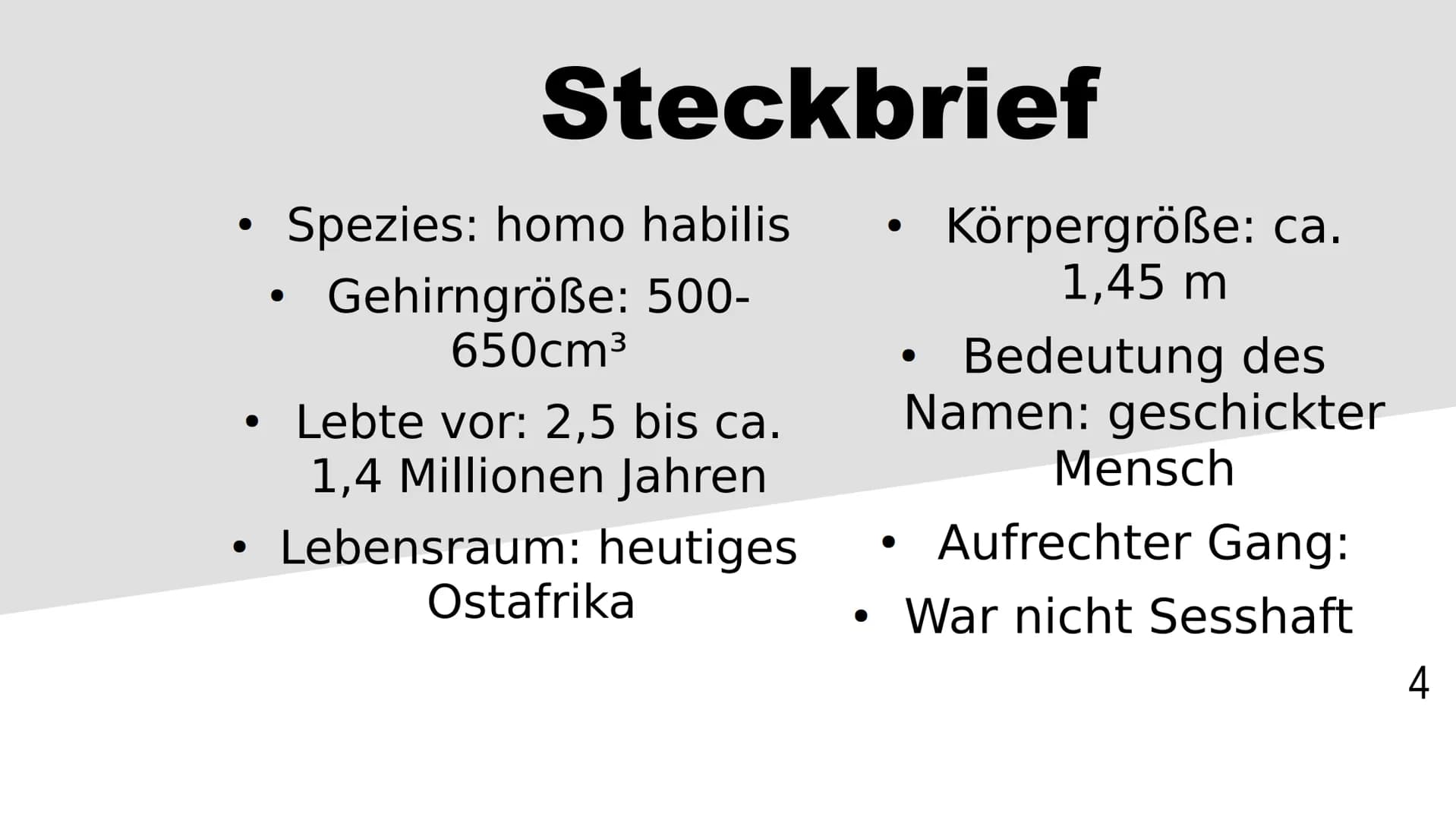 Homo habilis
1 Inhaltsverzeichnis
Stammbaum/zeitliche Lage
Steckbrief
Funde OH5/OH7
Lebensweise
2 Stammbaum/zeitliche Lage
4,5
A.
H. =
Austr