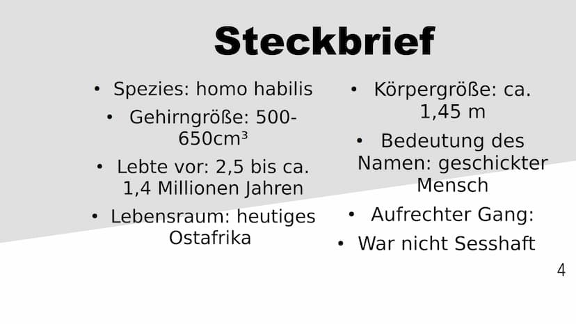 Homo habilis
1 Inhaltsverzeichnis
Stammbaum/zeitliche Lage
Steckbrief
Funde OH5/OH7
Lebensweise
2 Stammbaum/zeitliche Lage
4,5
A.
H. =
Austr