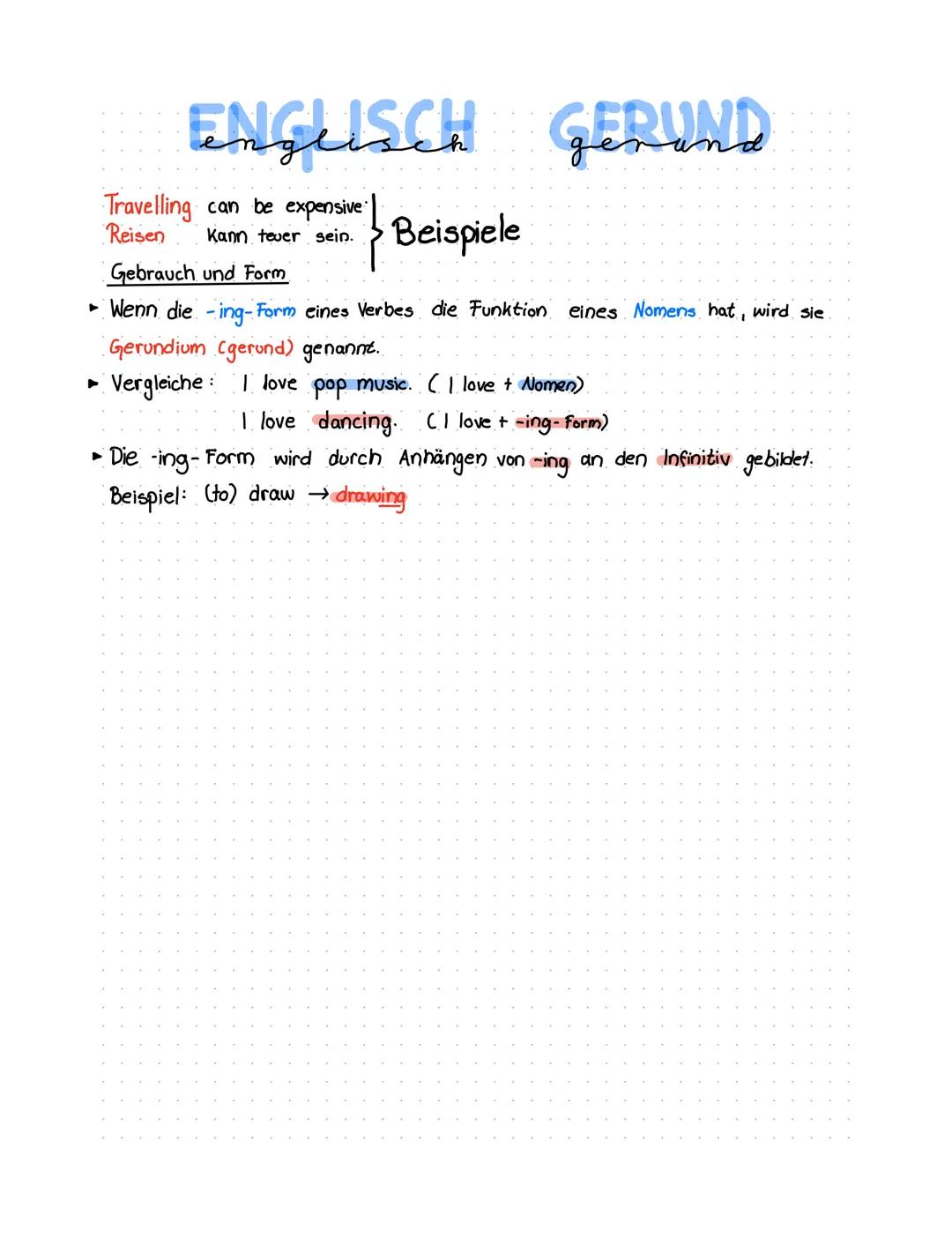 ENGLISCH GERUND

Travelling can be expensive
Reisen Kann tever sein.
Beispiele
Gebrauch und Form

► Wenn die -ing-Form eines Verbes die Funk