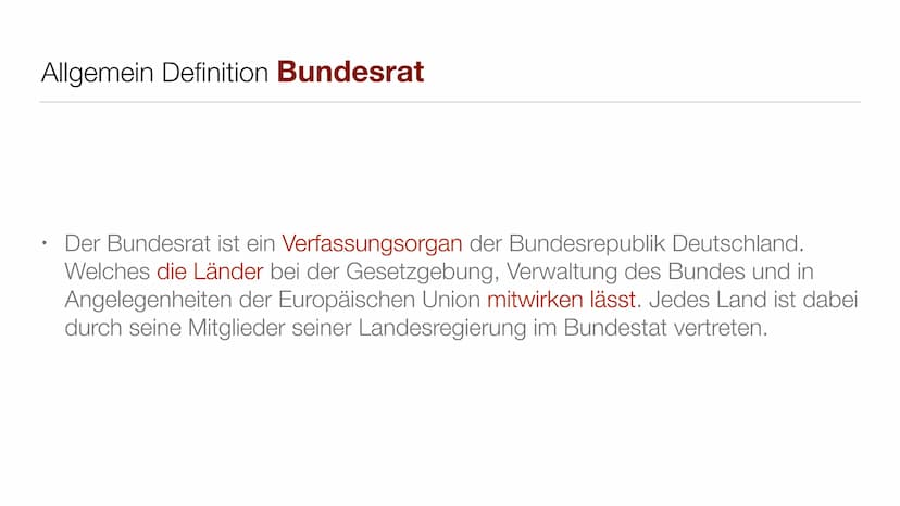 Der deutsche Bundesrat Allgemein Definition Bundesrat
●
Der Bundesrat ist ein Verfassungsorgan der Bundesrepublik Deutschland.
Welches die L