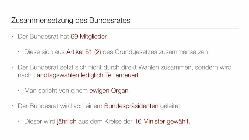 Der deutsche Bundesrat Allgemein Definition Bundesrat
●
Der Bundesrat ist ein Verfassungsorgan der Bundesrepublik Deutschland.
Welches die L