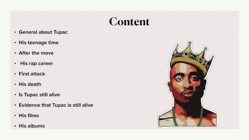 TUPAC AMARU SHAKUR • General about Tupac
His teenage time
After the move
His rap career
First attack
●
●
●
●
●
●
●
●
His death
Is Tupac stil