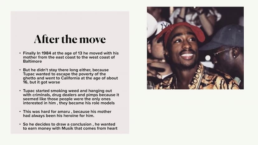 TUPAC AMARU SHAKUR • General about Tupac
His teenage time
After the move
His rap career
First attack
●
●
●
●
●
●
●
●
His death
Is Tupac stil