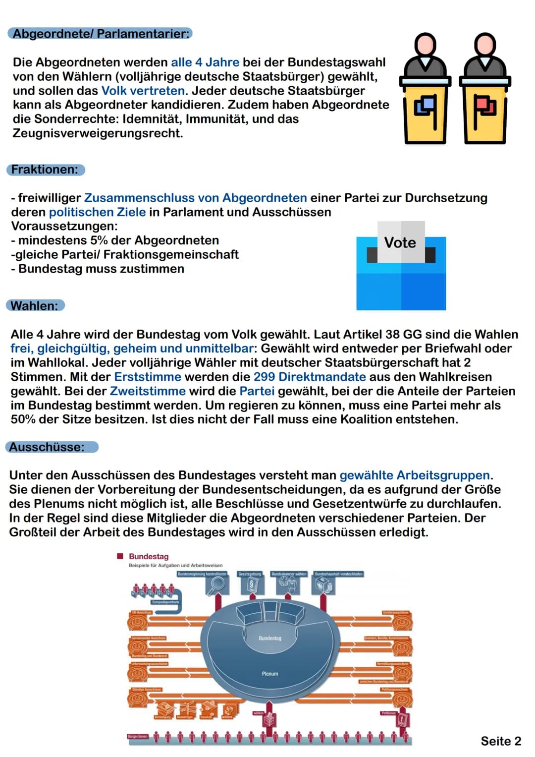 Der Bundestag
Allgemeines:
Der Bundestag besteht aus Abgeordneten und ist das gesetzgebende Organ
(Legislative) und die Volksvertretung der 