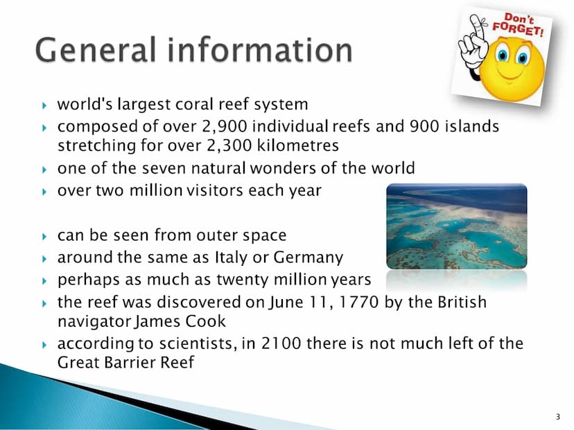 Great Barrier Reef
1 Index
▸ General information
▸ Map
▸ History 1.1
Up to date
▸ Animals 1.1 - 1.2
- 1.2
▸ Coral species 1.1 - 1.2
▸ Proble