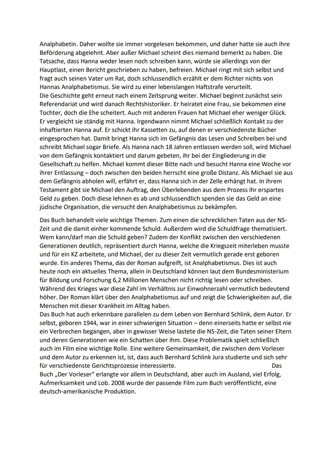 Freiarbeitsplan für den Roman,„Der Vorleser" von Bernhard Schlink

Célina Jacobs

|   | Fragestellung                                       