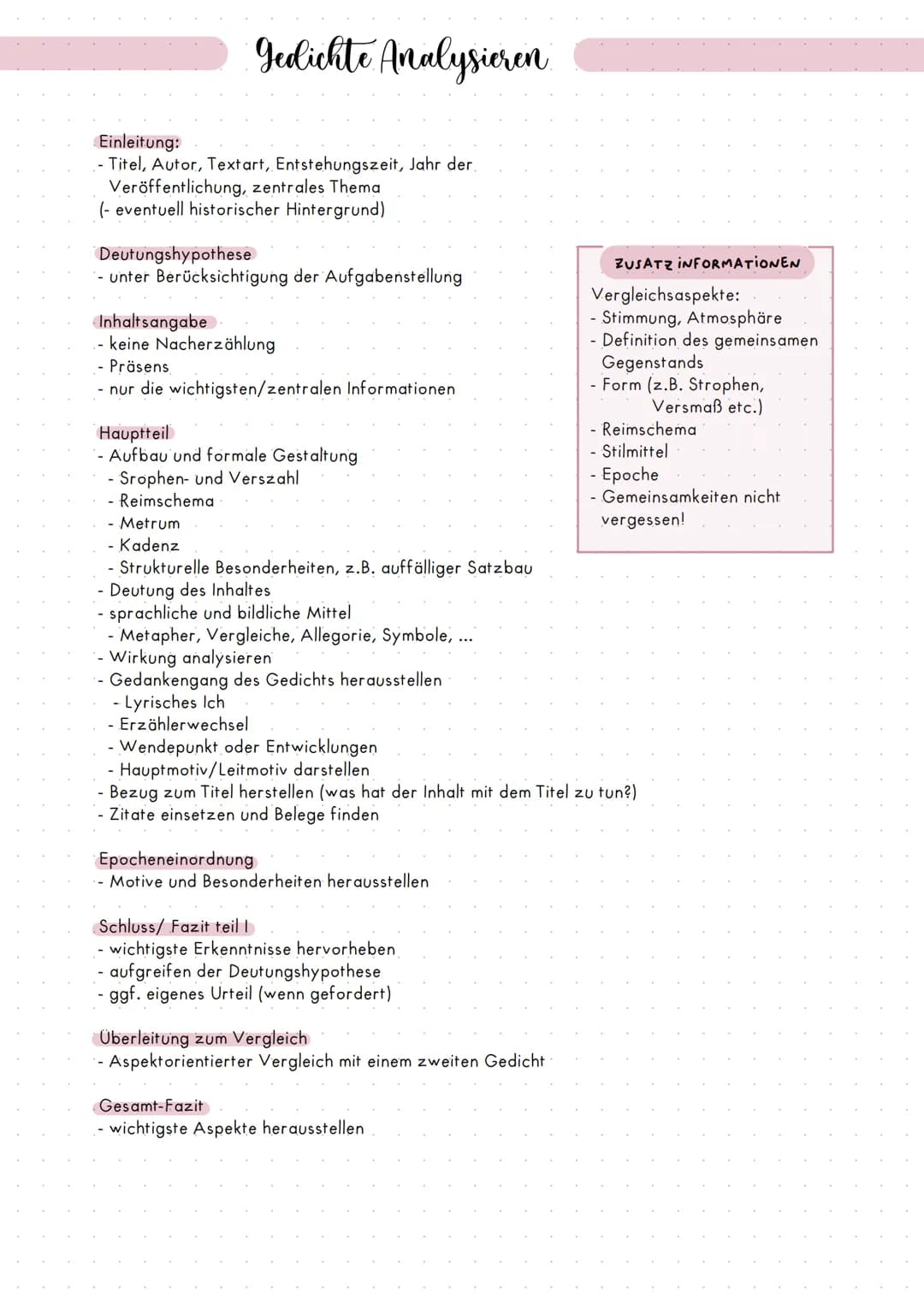 Gedichte Analysieren
Einleitung:
- Titel, Autor, Text art, Entstehungszeit, Jahr der.
Veröffentlichung, zentrales Thema
(- eventuell histori