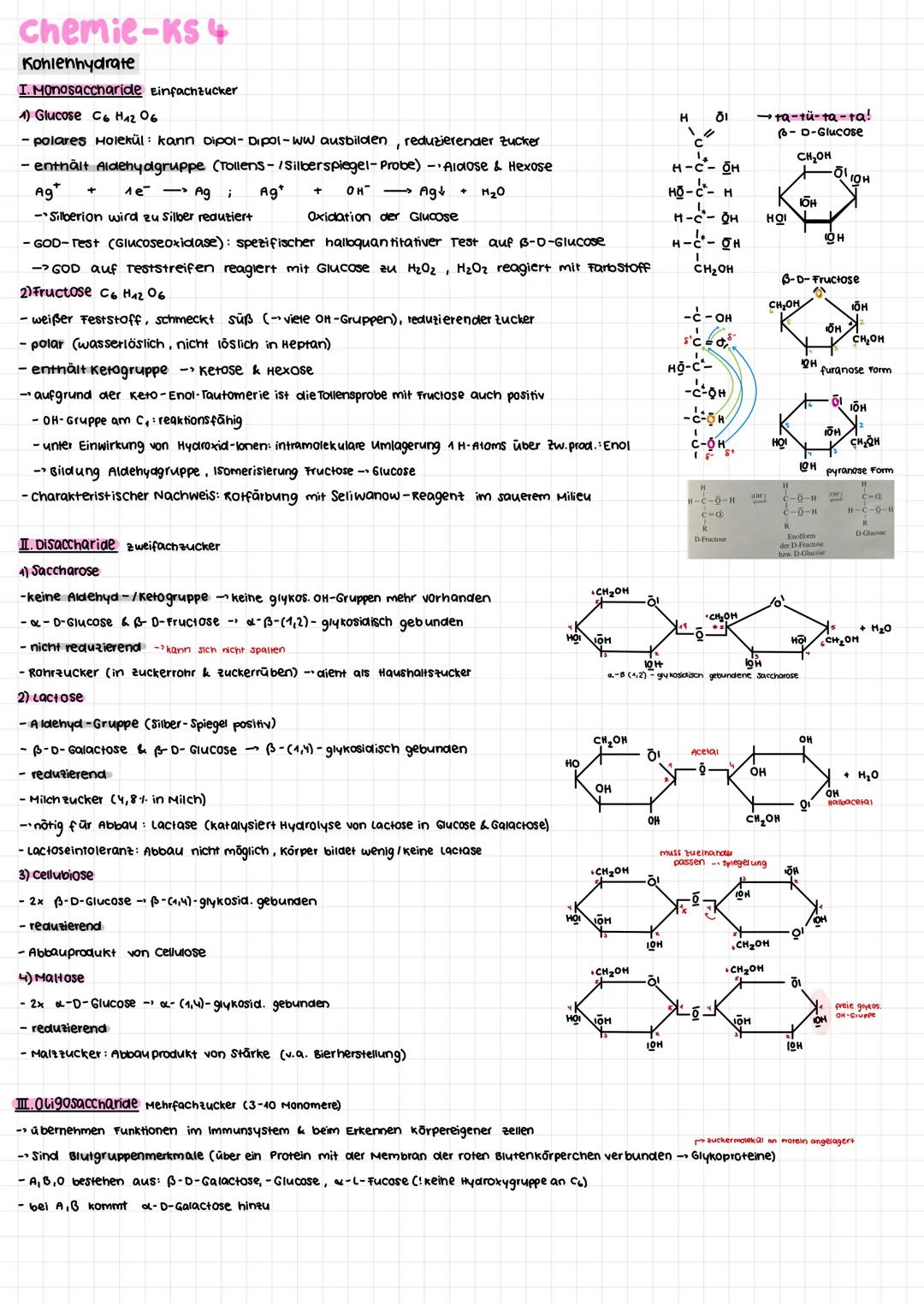 # chemie-KS 4

Kohlenhydrate

I. Monosaccharide Einfachzucker

1) Glucose C H12 06

- polares Holekül kann Dipol-Dipol-ww ausbilden, reduzie