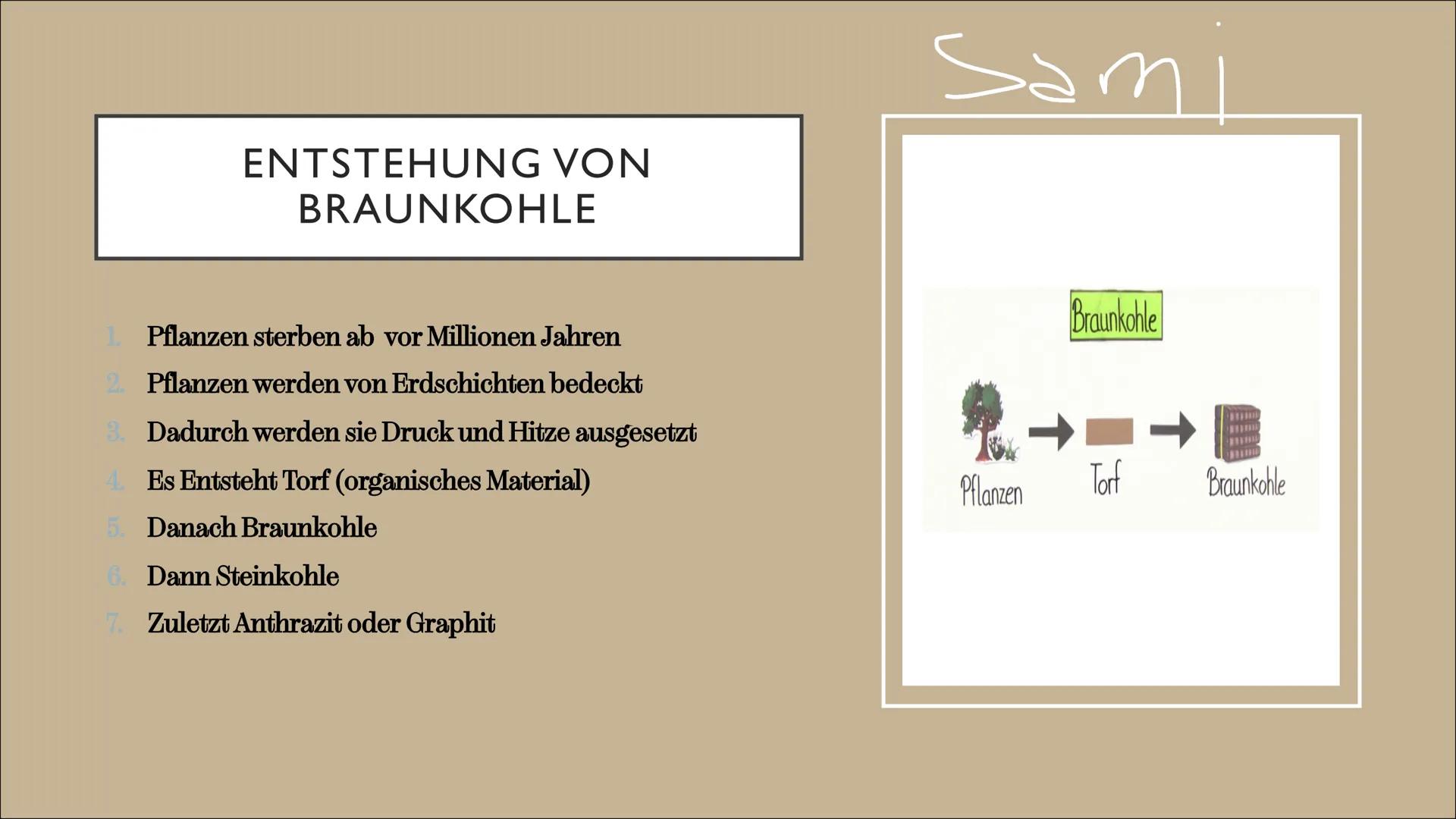 $\,Emi$

BRAUNKOHLE

Von Chiara, Samantha, Bahar und Emily Inhalt

chiara

- Allgemeine Informationen
- Entstehung von Braunkohle
- Braunkoh