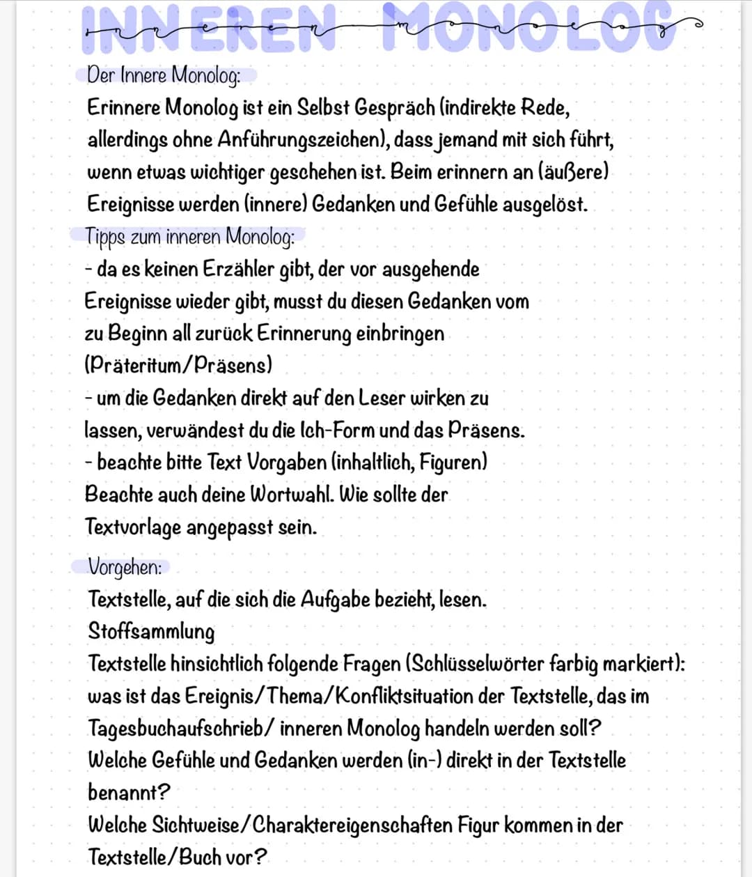 INNEREN Mouveus
Der Innere Monolog: 100
Erinnere Monolog ist ein Selbst Gespräch (indirekte Rede,
allerdings ohne Anführungszeichen), dass j