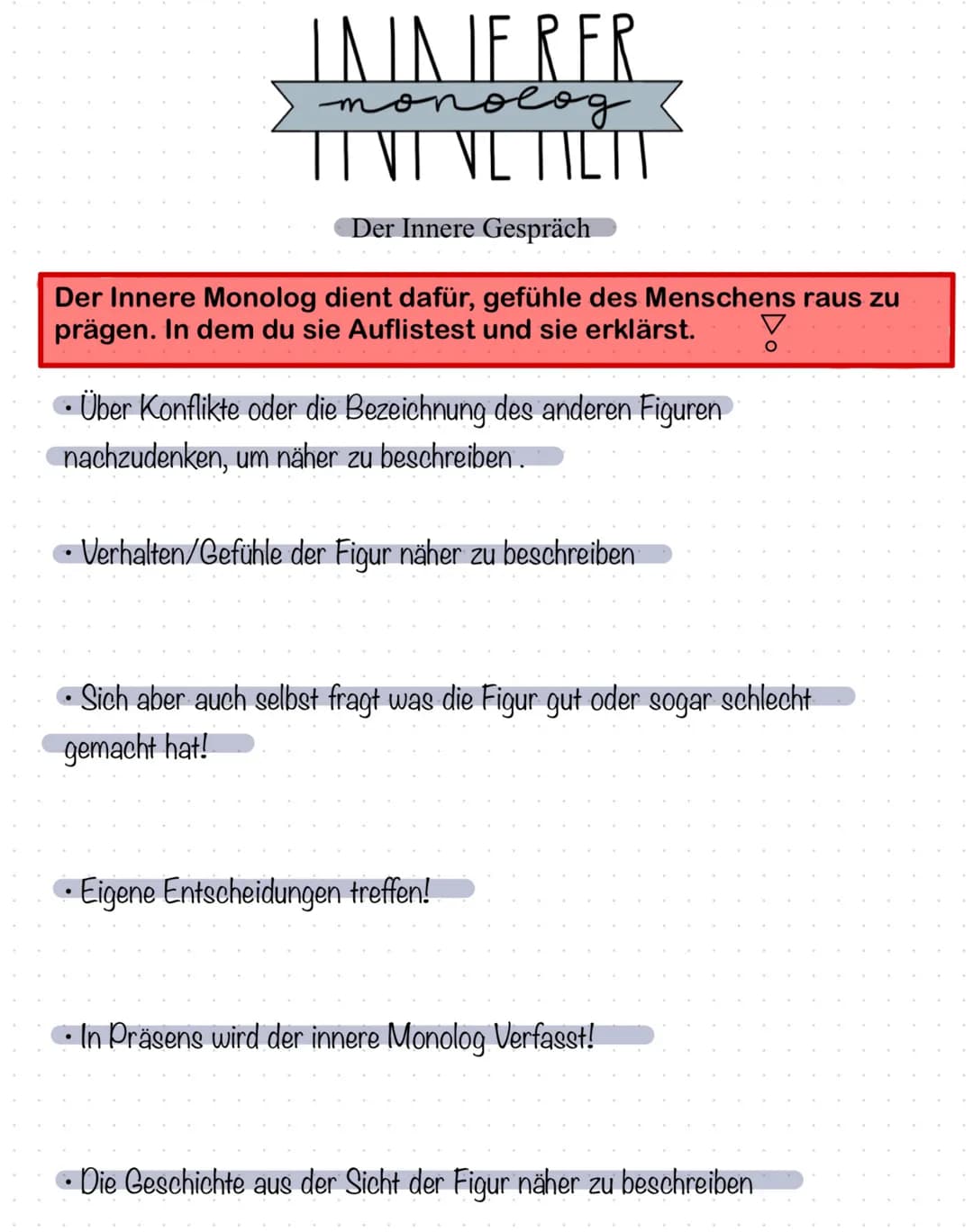 INNEREN Mouveus
Der Innere Monolog: 100
Erinnere Monolog ist ein Selbst Gespräch (indirekte Rede,
allerdings ohne Anführungszeichen), dass j