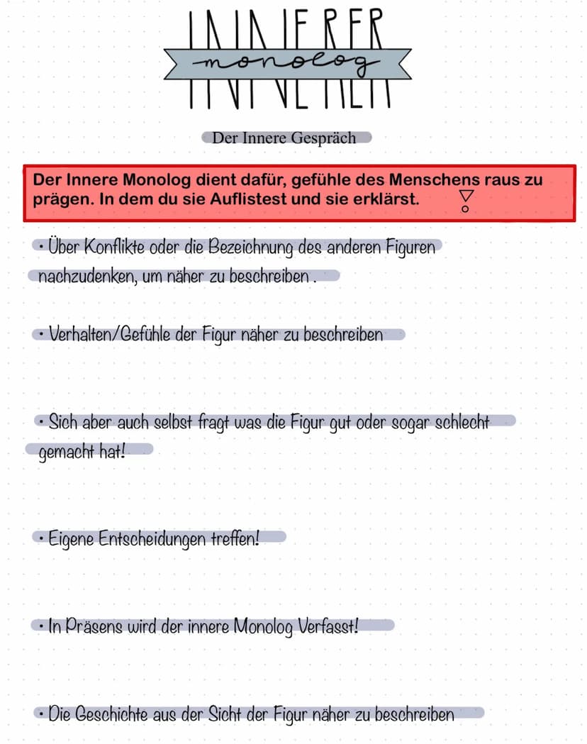 INNEREN Mouveus
Der Innere Monolog: 100
Erinnere Monolog ist ein Selbst Gespräch (indirekte Rede,
allerdings ohne Anführungszeichen), dass j