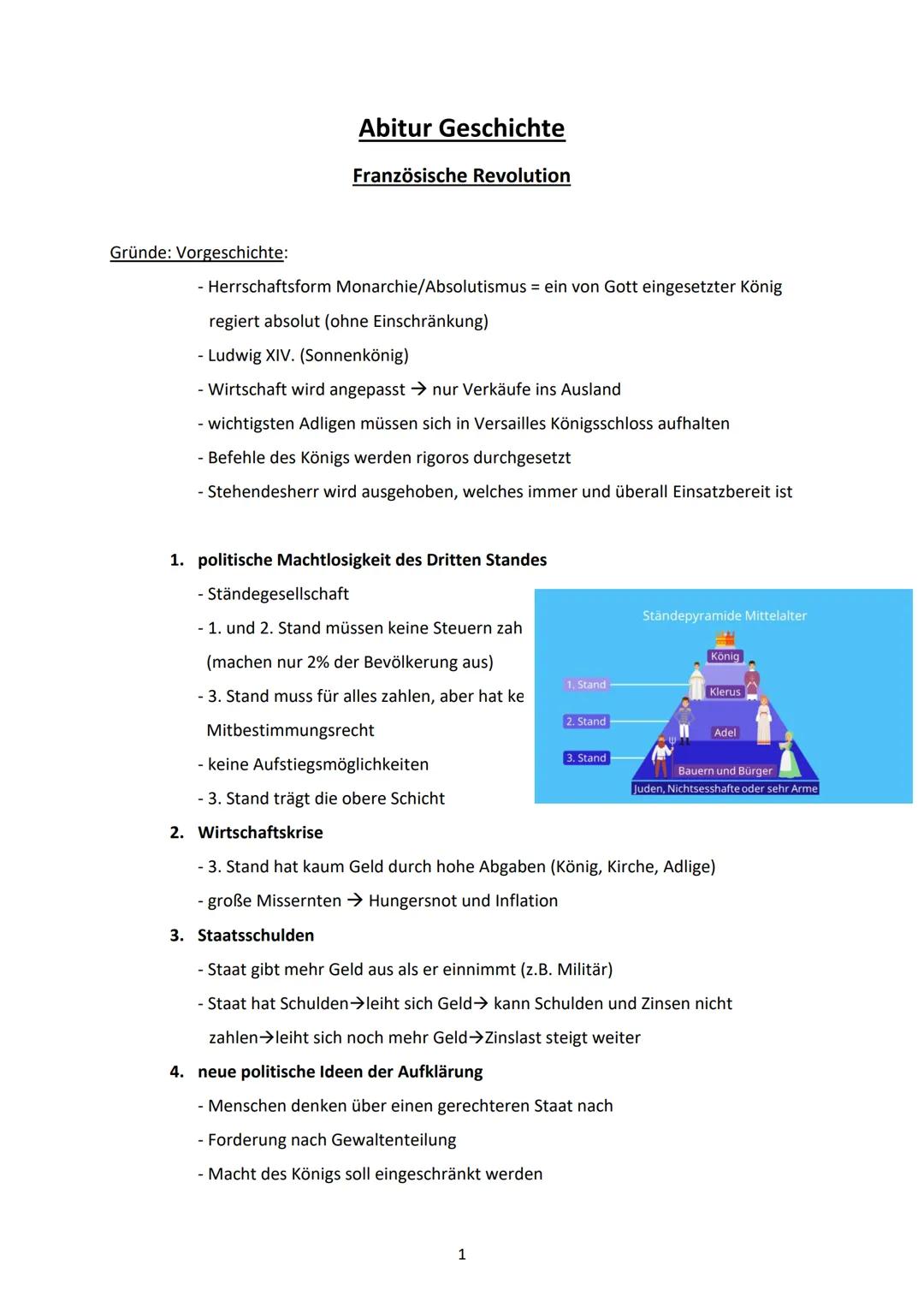# Abitur Geschichte
Französische Revolution

Gründe: Vorgeschichte:
- Herrschaftsform Monarchie/Absolutismus = ein von Gott eingesetzter Kön