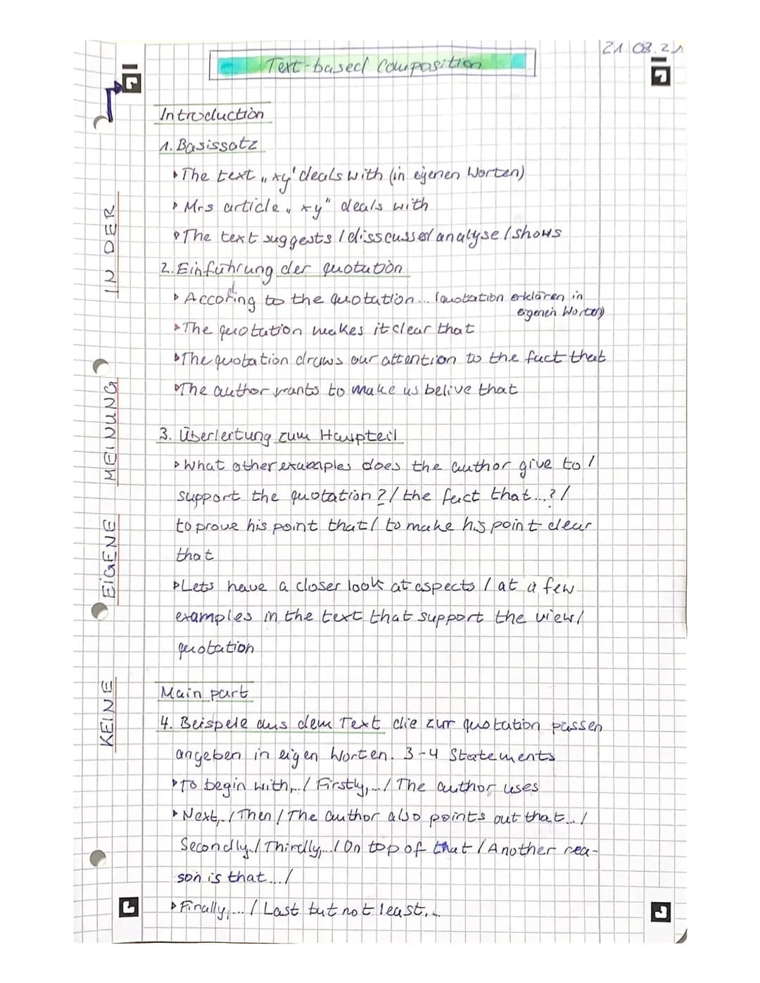75.
INDER
16
ONYN BH
EIGENE
KEINE
Introduction
1. Basissatz
Text-based composition
•The text, xy"
"' deals with (in eigenen Worten).
• Mrs a