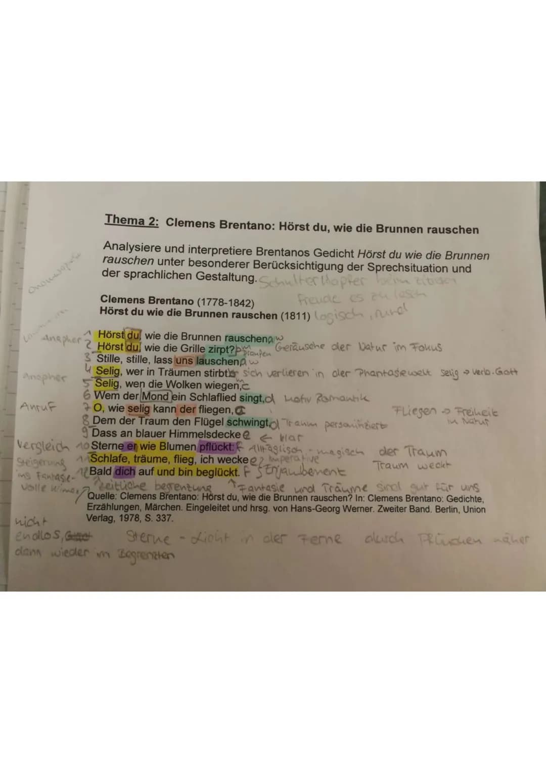 Ondicatopse
Thema 2: Clemens Brentano: Hörst du, wie die Brunnen rauschen
Analysiere und interpretiere Brentanos Gedicht Hörst du wie die Br