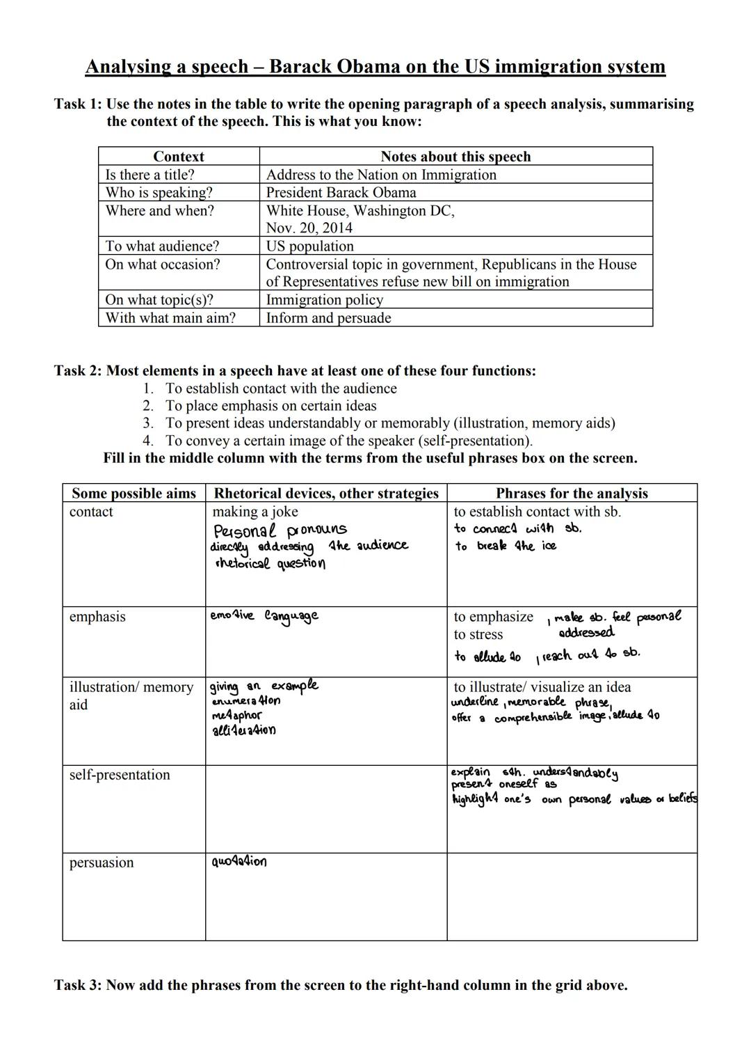 Analysing a speech - Barack Obama on the US immigration system
Task 1: Use the notes in the table to write the opening paragraph of a speech