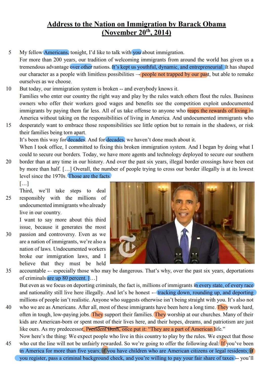 Analysing a speech - Barack Obama on the US immigration system
Task 1: Use the notes in the table to write the opening paragraph of a speech