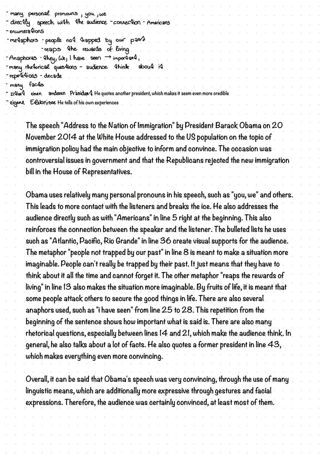 Analysing a speech - Barack Obama on the US immigration system
Task 1: Use the notes in the table to write the opening paragraph of a speech