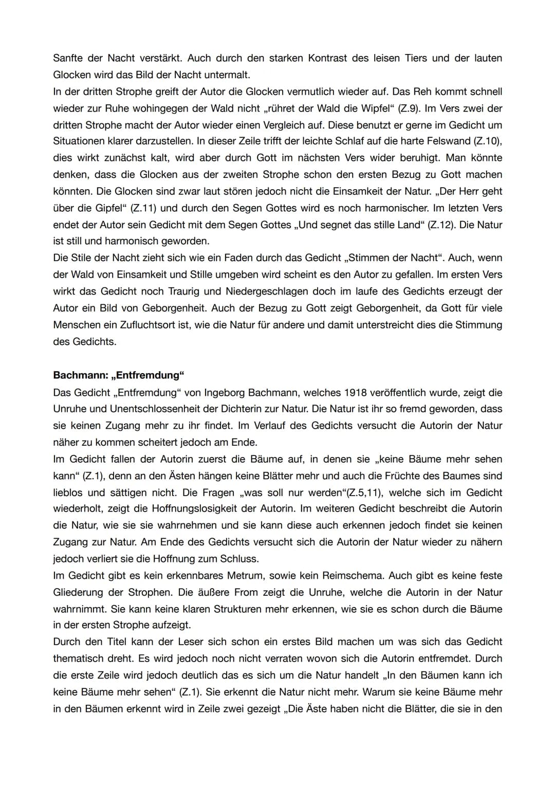 Gedichtvergleich von Eichendorff: ,,Stimmen der Nacht" und
Bachmanns: ,,Entfremdung"
Beim ersten lesen der Gedichte fällt auf, dass beide Au