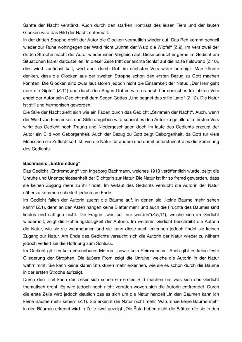 Gedichtvergleich von Eichendorff: ,,Stimmen der Nacht" und
Bachmanns: ,,Entfremdung"
Beim ersten lesen der Gedichte fällt auf, dass beide Au