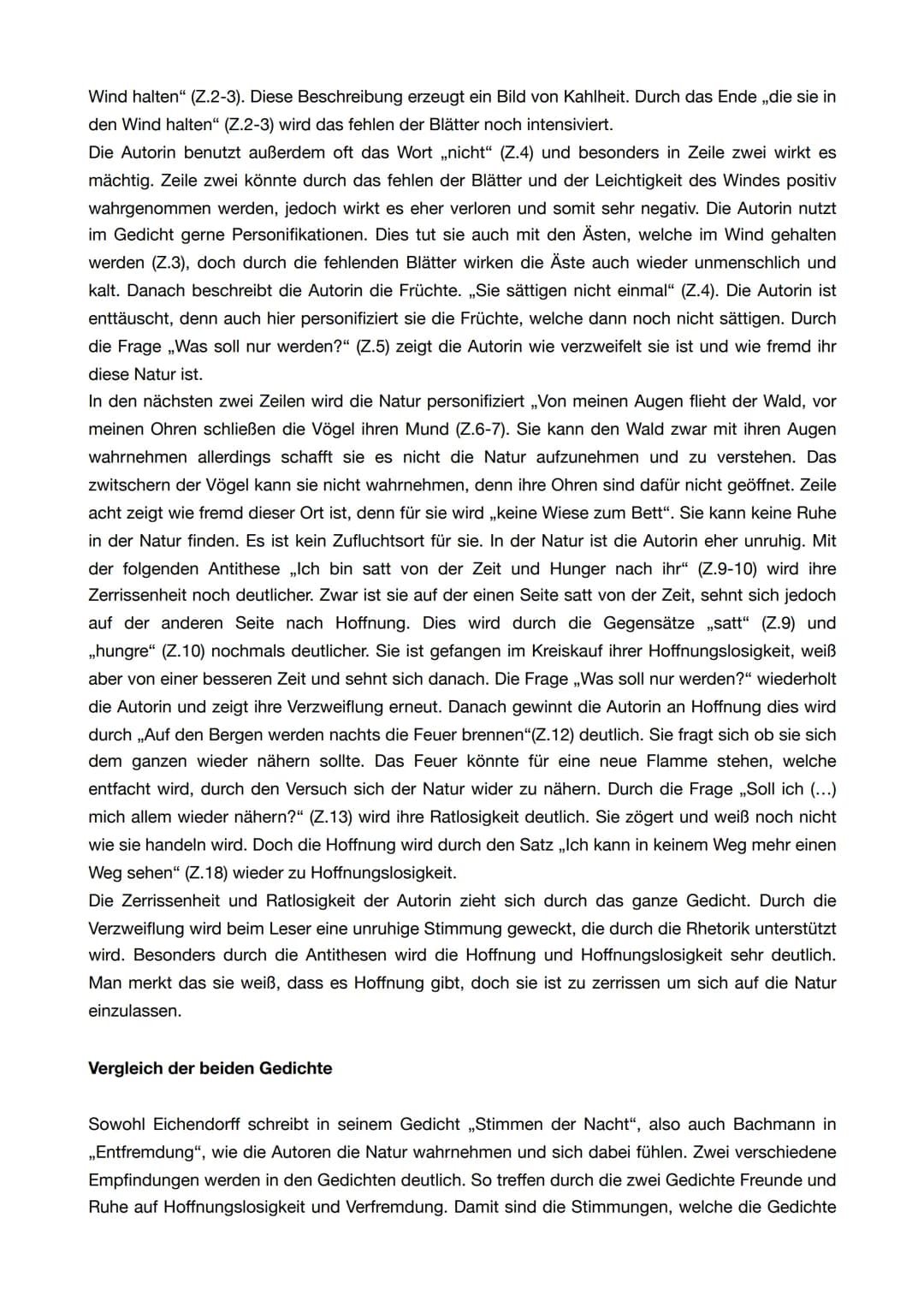 Gedichtvergleich von Eichendorff: ,,Stimmen der Nacht" und
Bachmanns: ,,Entfremdung"
Beim ersten lesen der Gedichte fällt auf, dass beide Au
