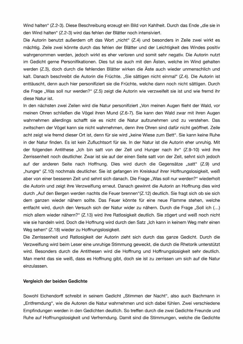 Gedichtvergleich von Eichendorff: ,,Stimmen der Nacht" und
Bachmanns: ,,Entfremdung"
Beim ersten lesen der Gedichte fällt auf, dass beide Au