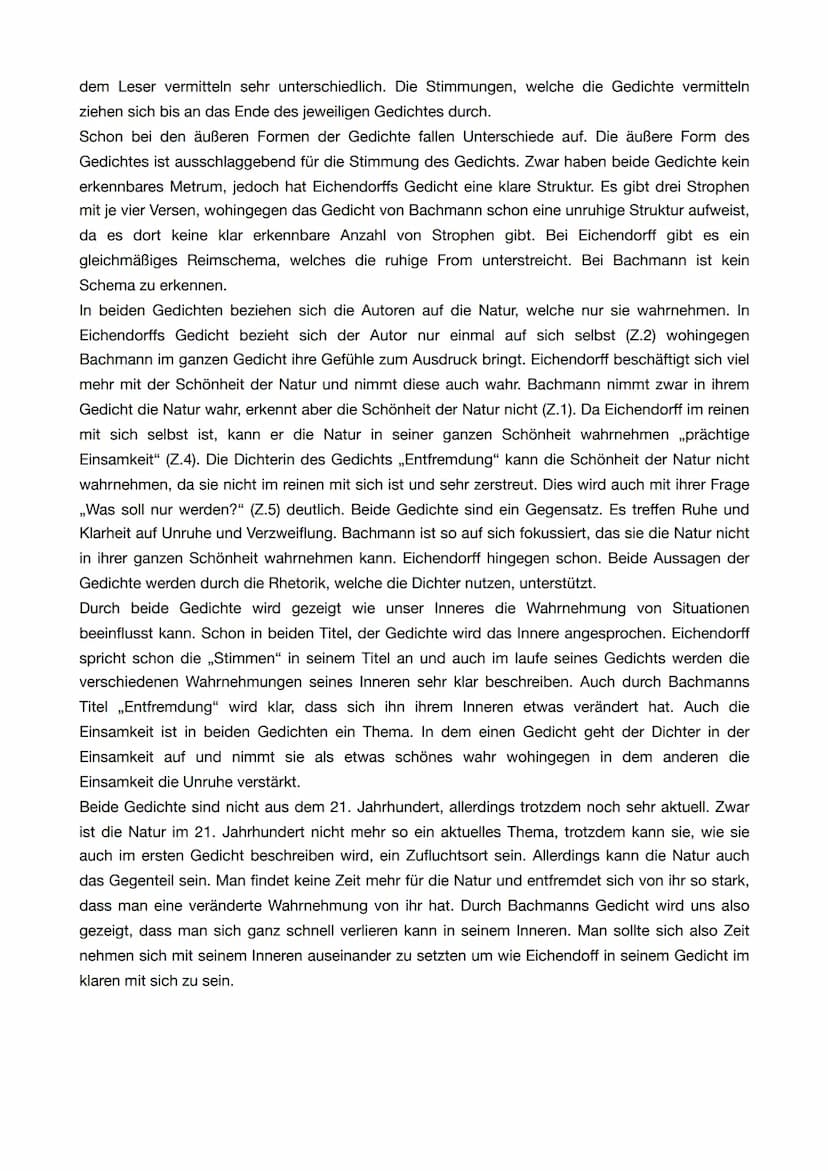 Gedichtvergleich von Eichendorff: ,,Stimmen der Nacht" und
Bachmanns: ,,Entfremdung"
Beim ersten lesen der Gedichte fällt auf, dass beide Au