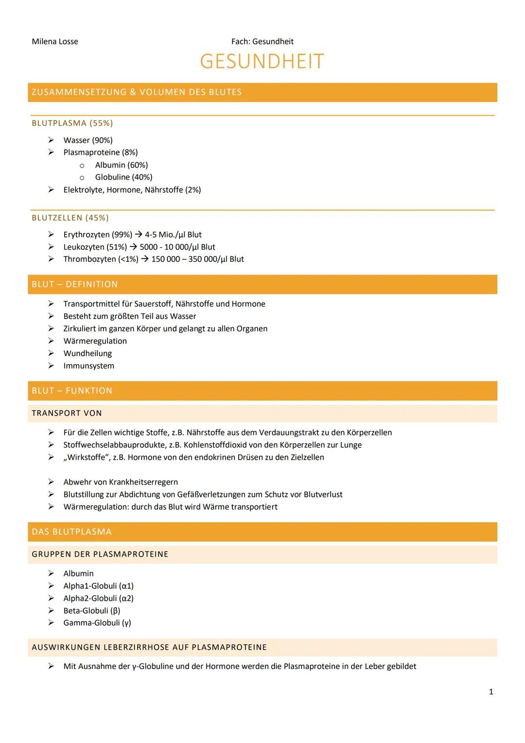 Milena Losse
ZUSAMMENSETZUNG & VOLUMEN DES BLUTES
BLUTPLASMA (55%)
Wasser (90%)
Plasmaproteine (8%)
Albumin (60%)
Globuline (40%)
Elektrolyt