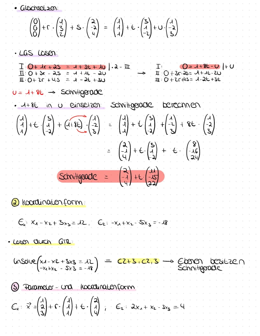 Lo Lösungsmöglichkeiten:
1) Bei einer Losung (einem gemeinsamen Punut), schneiden sich
Gerade
2) Bei Leiner Lösung (keinem gemeinsamen Punut