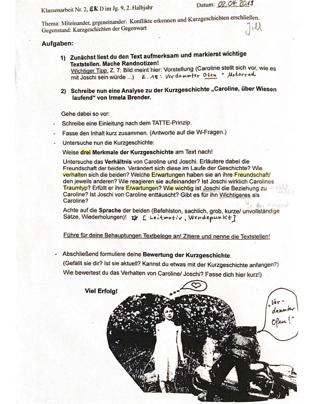 Bewertungsbogen - Beispiellösungen (KA Nr. 2 im Fach Deutsch, Jg. 9, EK)
Thema: Miteinander, gegeneinander - Konflikte erkennen und Kurzgesc