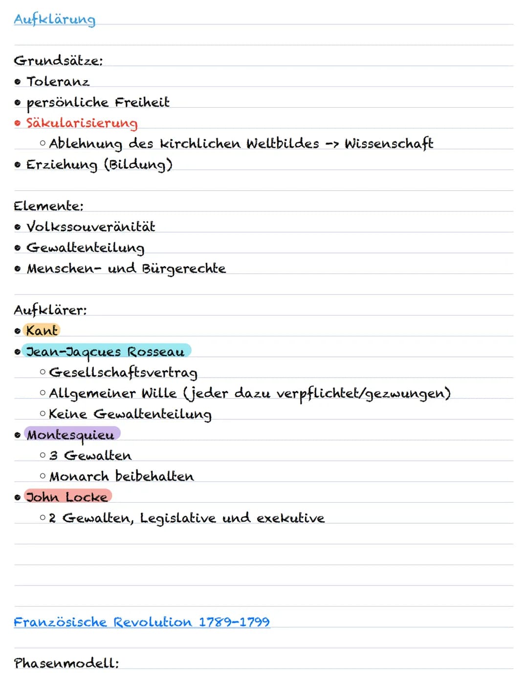 Aufklärung
Grundsätze:
• Toleranz
persönliche Freiheit
• Säkularisierung
O
· Ablehnung des kirchlichen Weltbildes -> Wissenschaft
• Erziehun