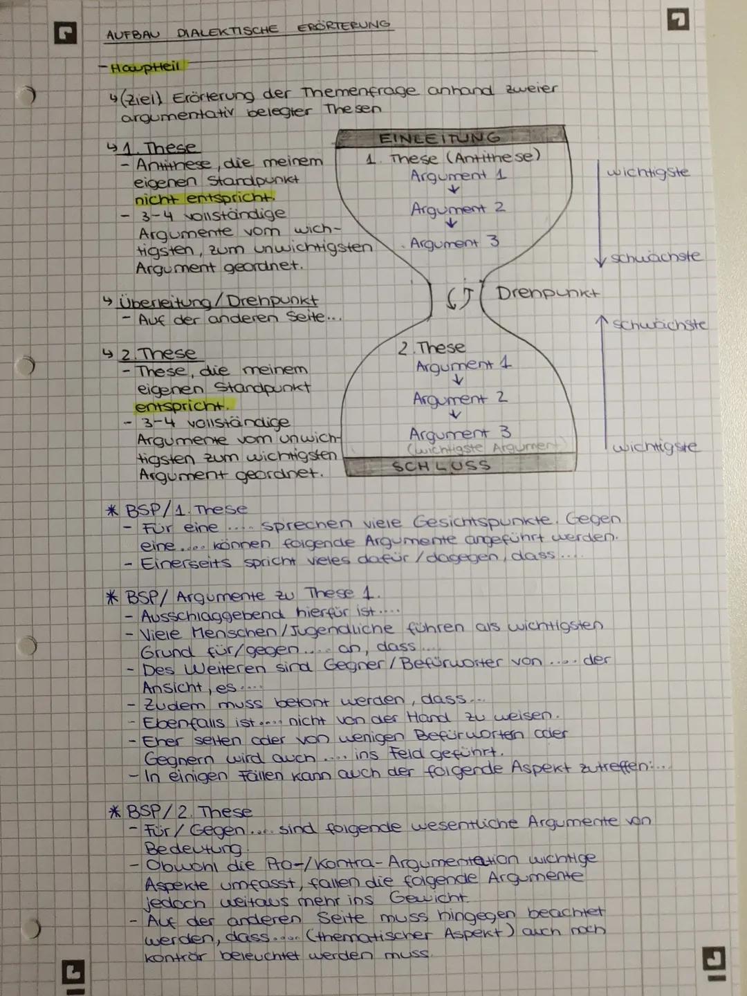 d
AUFBAU DIALEKTISCHE
- Haupteil
4(ziel) Erörterung der Themenfrage anhand zweier
argumentativ belegter The sen.
41. These
ERORTERUNG
Antith