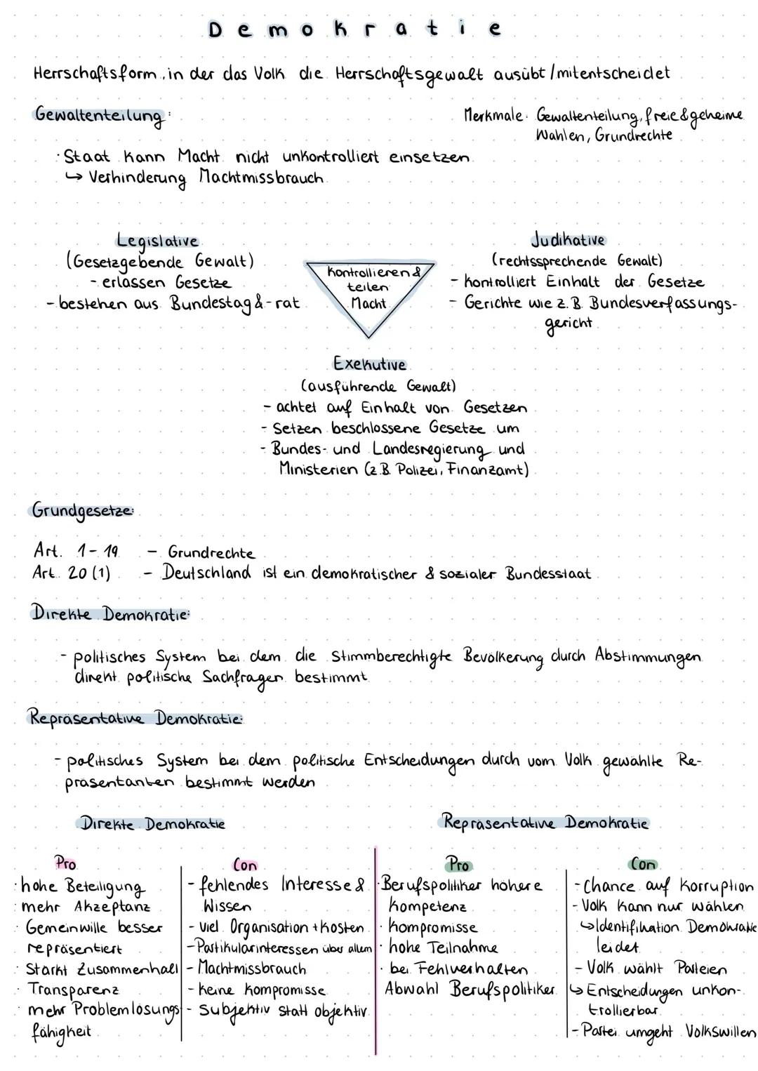 Herrschaftsform., in der das Volk die Herrschaftsgewalt ausübt/mitentscheidet
Gewaltenteilung:
Demokratie
Staat Kann Macht nicht unkontrolli