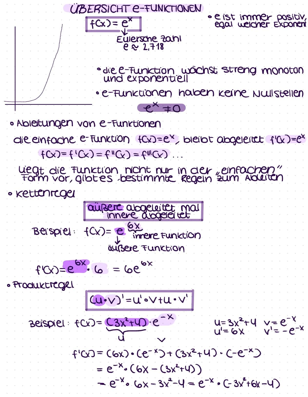 ÜBERSICHT E-FUNKTIONEN
f(x)= ex
=e*
O
Eulersche zani
e 2,718
f'(x)=e
•Produktregel
• die e-Funktion wächst streng monoton
und exponentiell
•