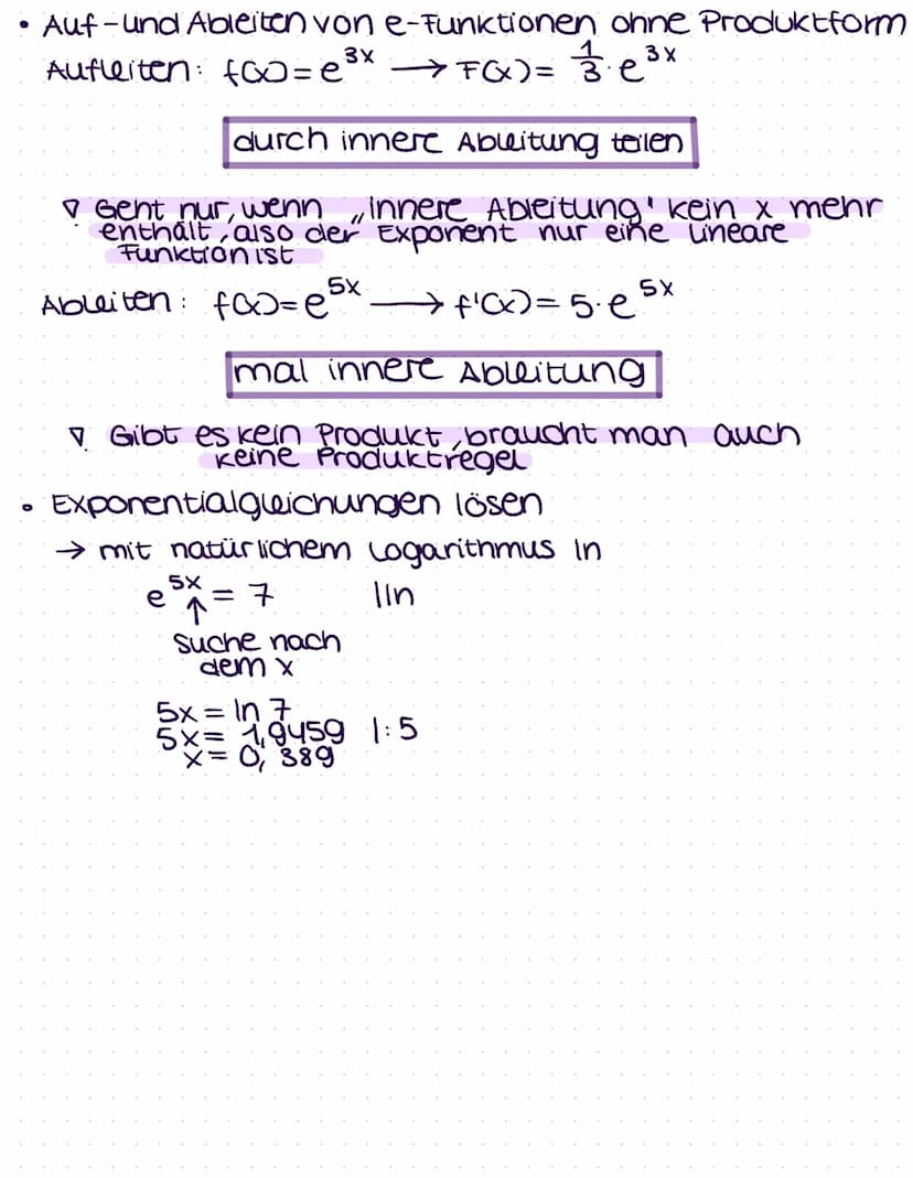 ÜBERSICHT E-FUNKTIONEN
f(x)= ex
=e*
O
Eulersche zani
e 2,718
f'(x)=e
•Produktregel
• die e-Funktion wächst streng monoton
und exponentiell
•