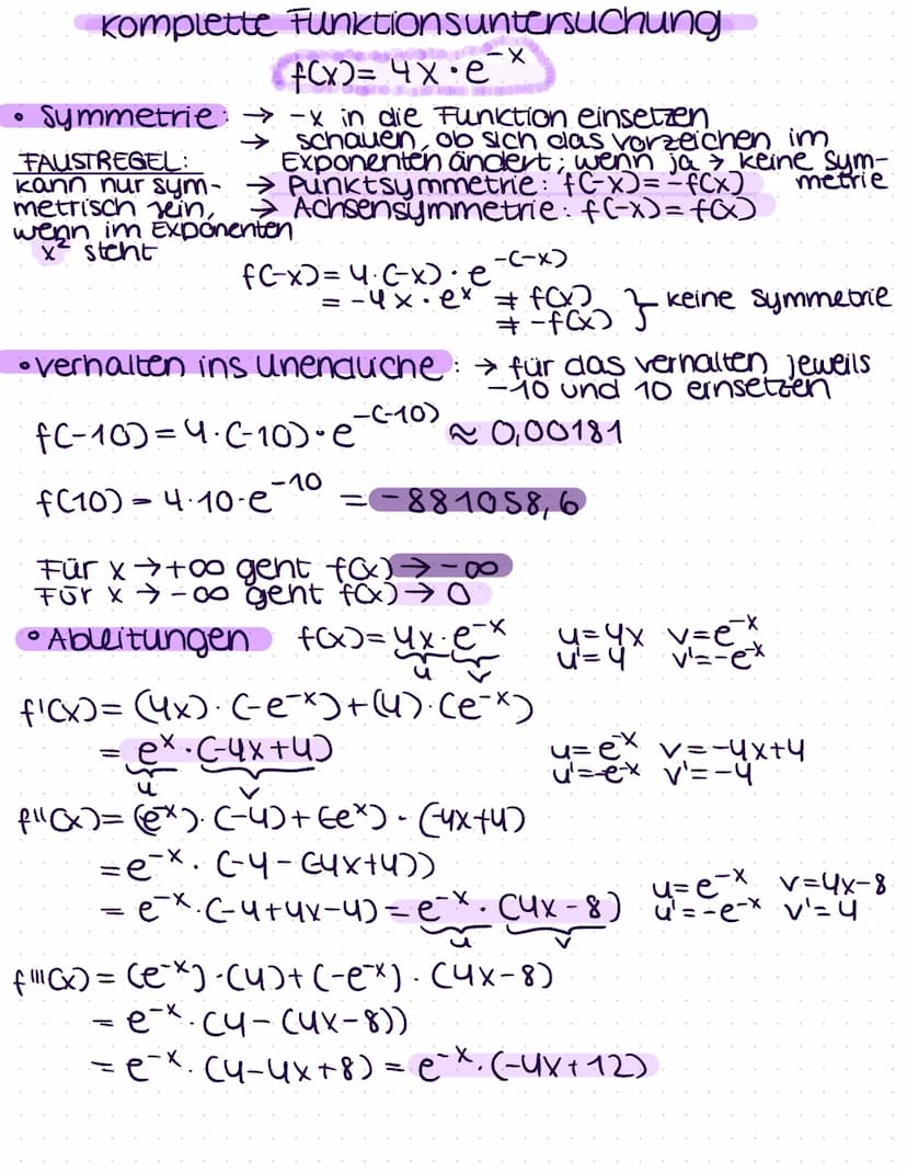 ÜBERSICHT E-FUNKTIONEN
f(x)= ex
=e*
O
Eulersche zani
e 2,718
f'(x)=e
•Produktregel
• die e-Funktion wächst streng monoton
und exponentiell
•