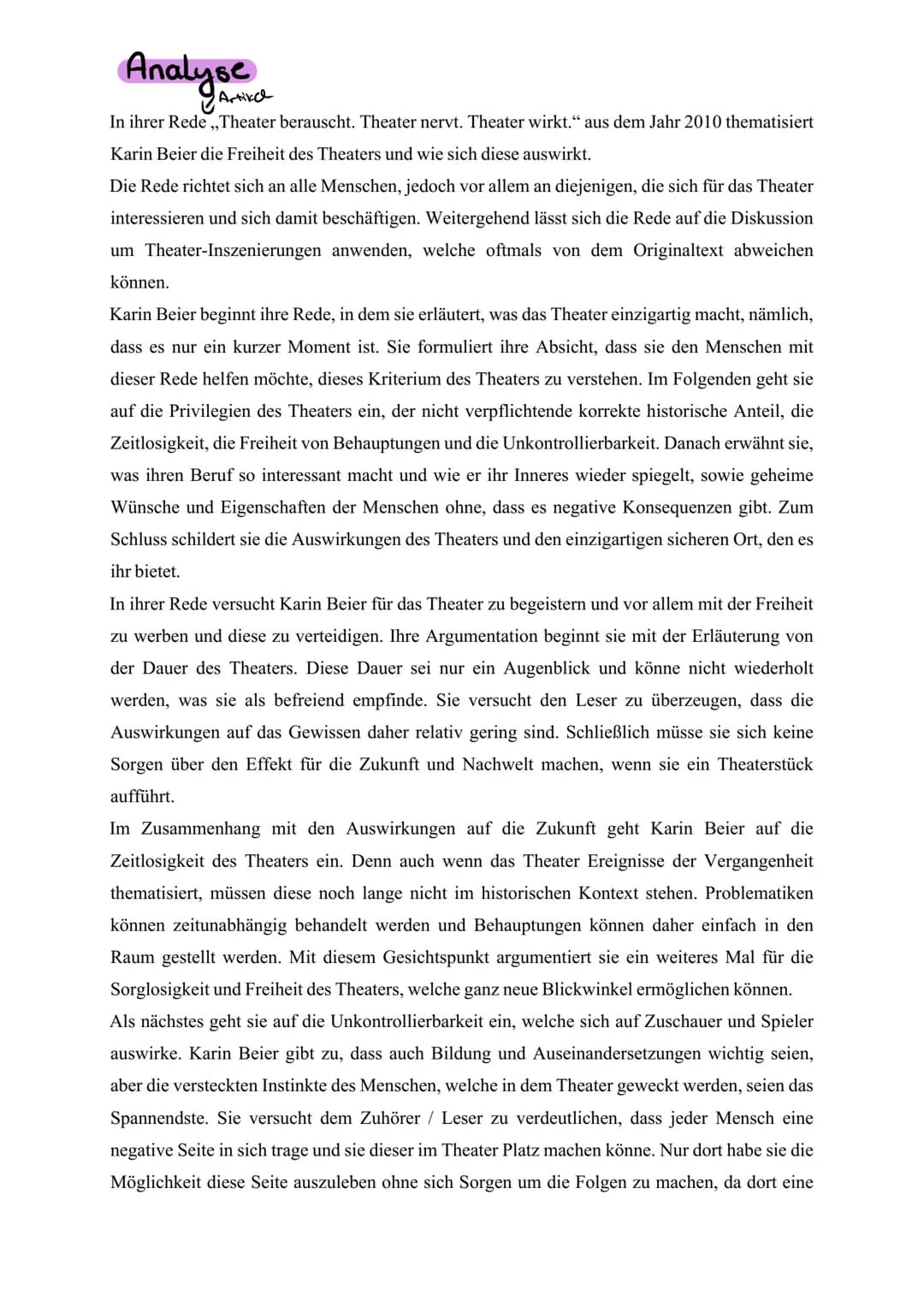 Analyse
Artikel
In ihrer Rede ,,Theater berauscht. Theater nervt. Theater wirkt." aus dem Jahr 2010 thematisiert
Karin Beier die Freiheit de