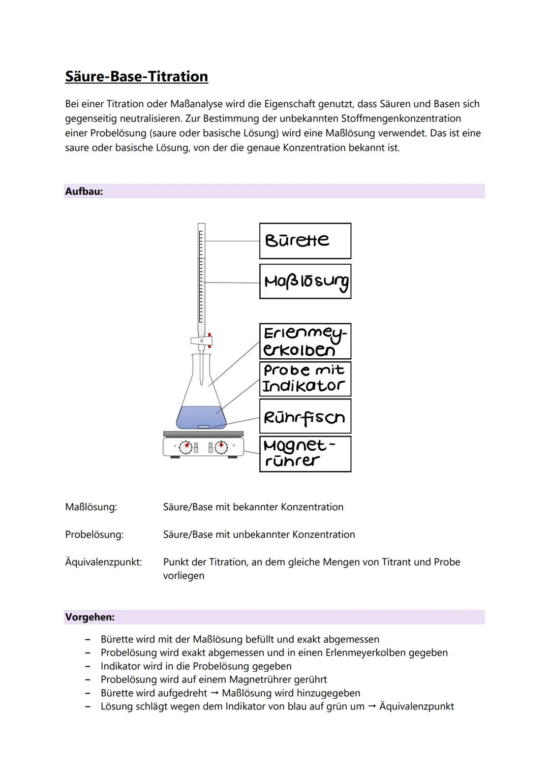 Säure-Base-Titration
Bei einer Titration oder Maßanalyse wird die Eigenschaft genutzt, dass Säuren und Basen sich
gegenseitig neutralisieren