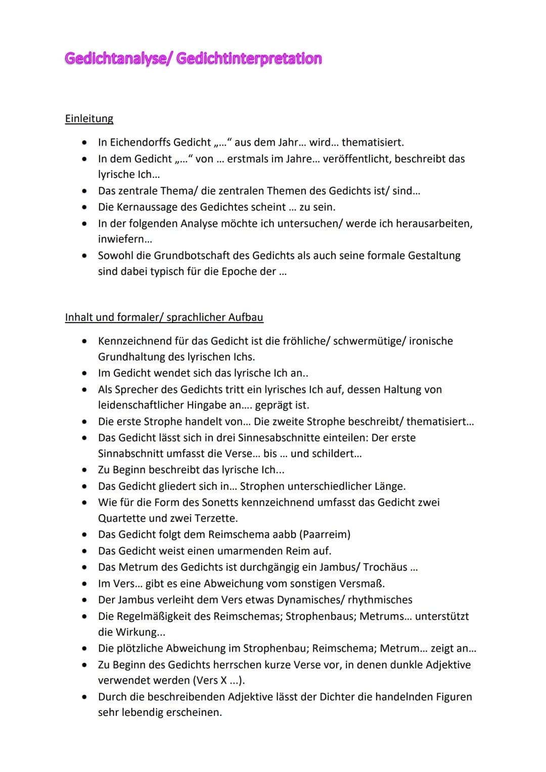 Gedichtanalyse/ Gedichtinterpretation
Einleitung
●
●
●
●
● Sowohl die Grundbotschaft des Gedichts als auch seine formale Gestaltung
sind dab